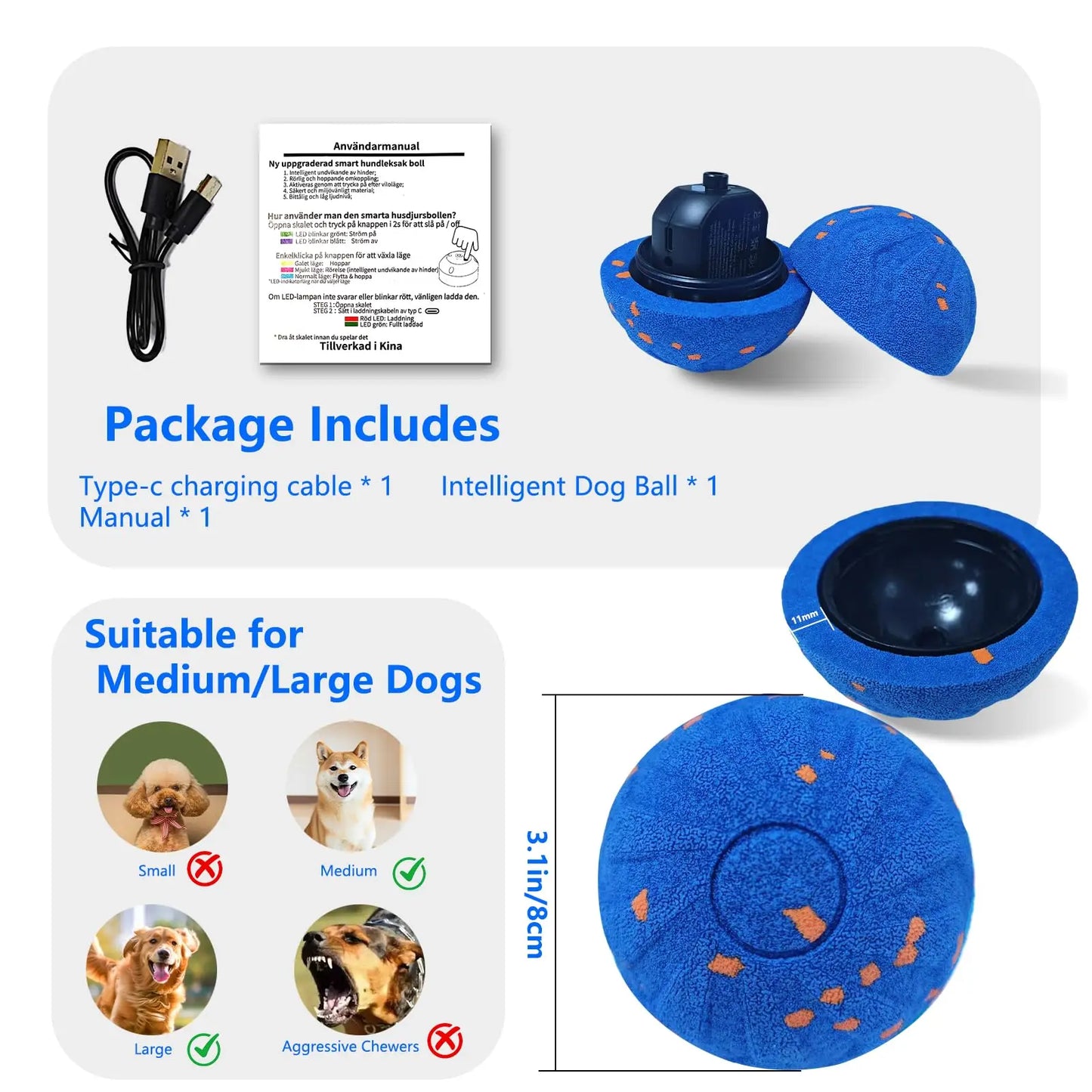 Interactive Dog Ball – Automatic Moving & Vibrating Dog Toy for Medium & Large Dogs (Durable E-TPU Wicked Ball)