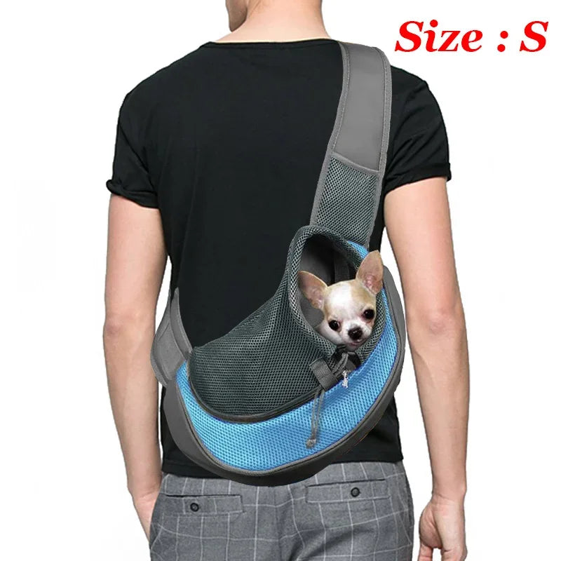 **Dog Sling Carrier** – Breathable mesh crossbody bag for puppies and cats, perfect for hiking, camping, and travel.