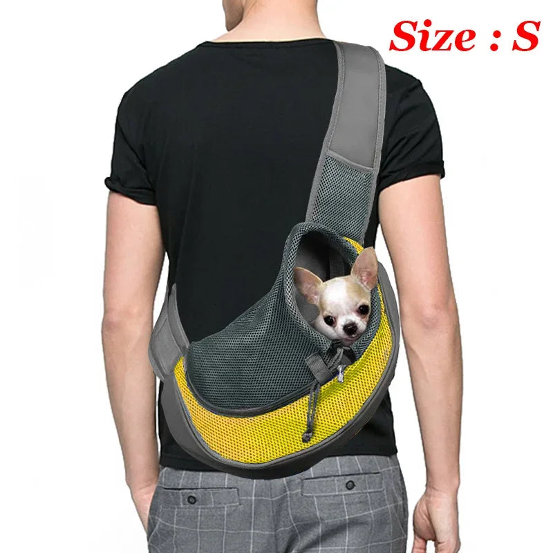 **Dog Sling Carrier** – Breathable mesh crossbody bag for puppies and cats, perfect for hiking, camping, and travel.