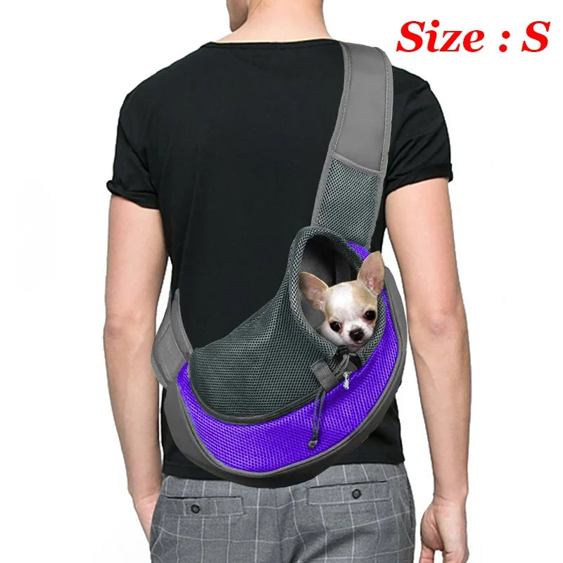 **Dog Sling Carrier** – Breathable mesh crossbody bag for puppies and cats, perfect for hiking, camping, and travel.
