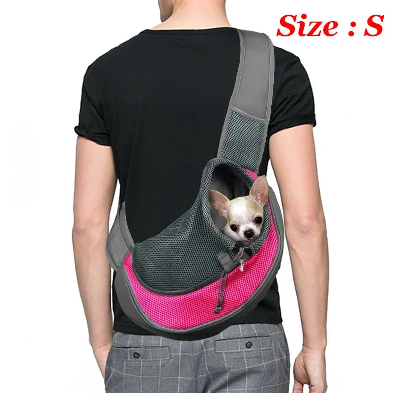 **Dog Sling Carrier** – Breathable mesh crossbody bag for puppies and cats, perfect for hiking, camping, and travel.