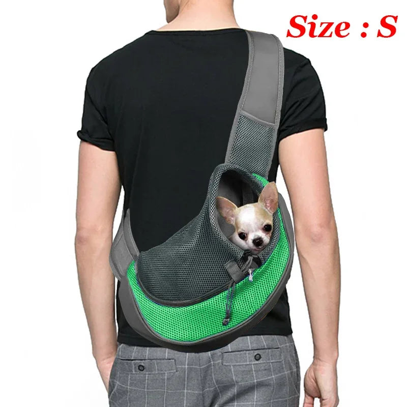 **Dog Sling Carrier** – Breathable mesh crossbody bag for puppies and cats, perfect for hiking, camping, and travel.